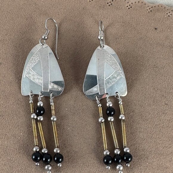 Vintage Disco Mod Earrings Sterling Silver Black Onyx with Gold Tone Coiled Wire - Picture 2 of 5